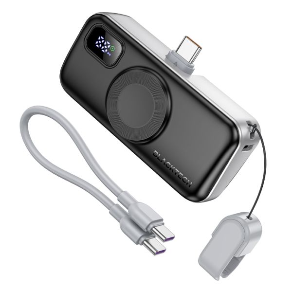 5000mAh 22.5W Power Bank with Wireless Watch Charging & Built-in Cable – Black