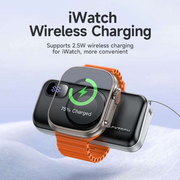 5000mAh 22.5W Power Bank with Wireless Watch Charging & Built-in Cable – Black